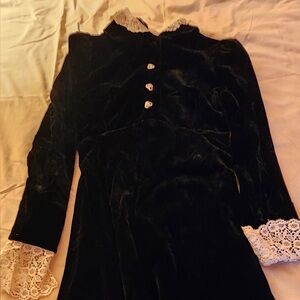 Vintage Black Velvet 1940s Gown with Lace Cuffs